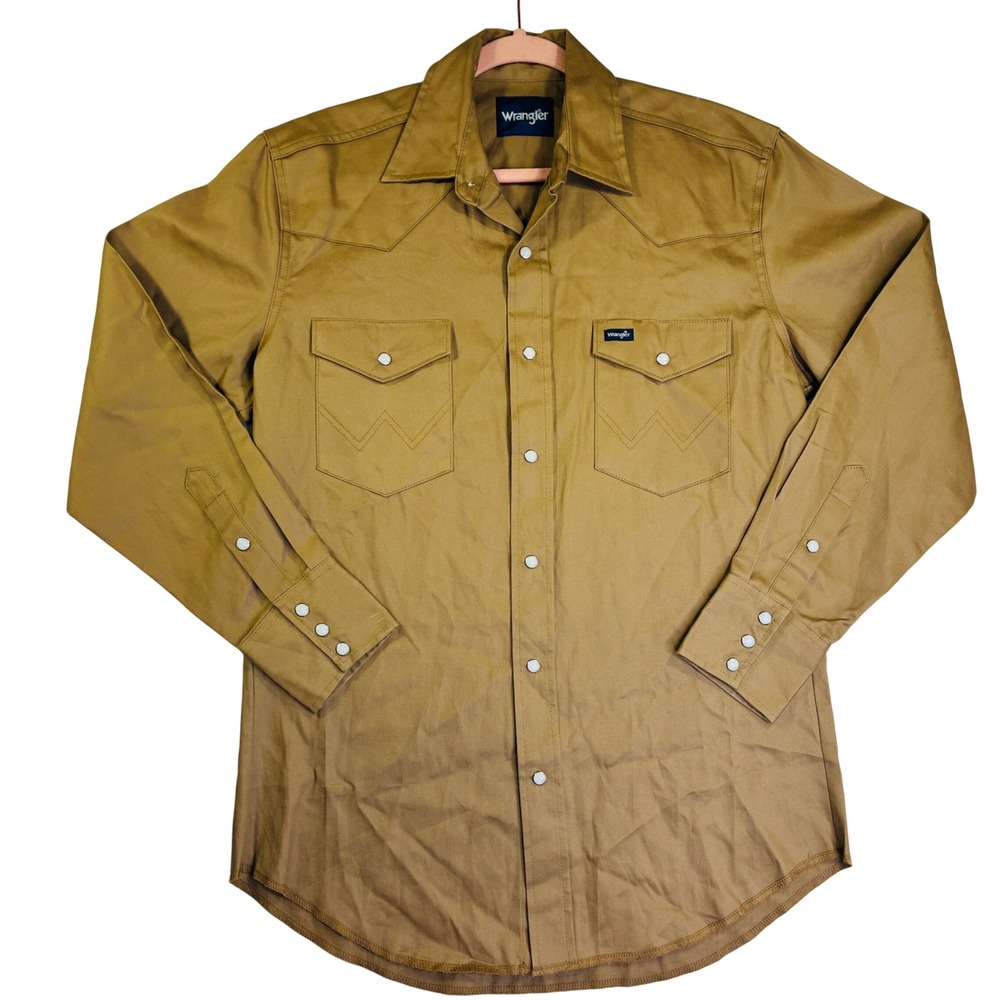 Wrangler Mens Western Snap Up Shirt Tan Khaki Long Sleeve Pearl Snap Medium
